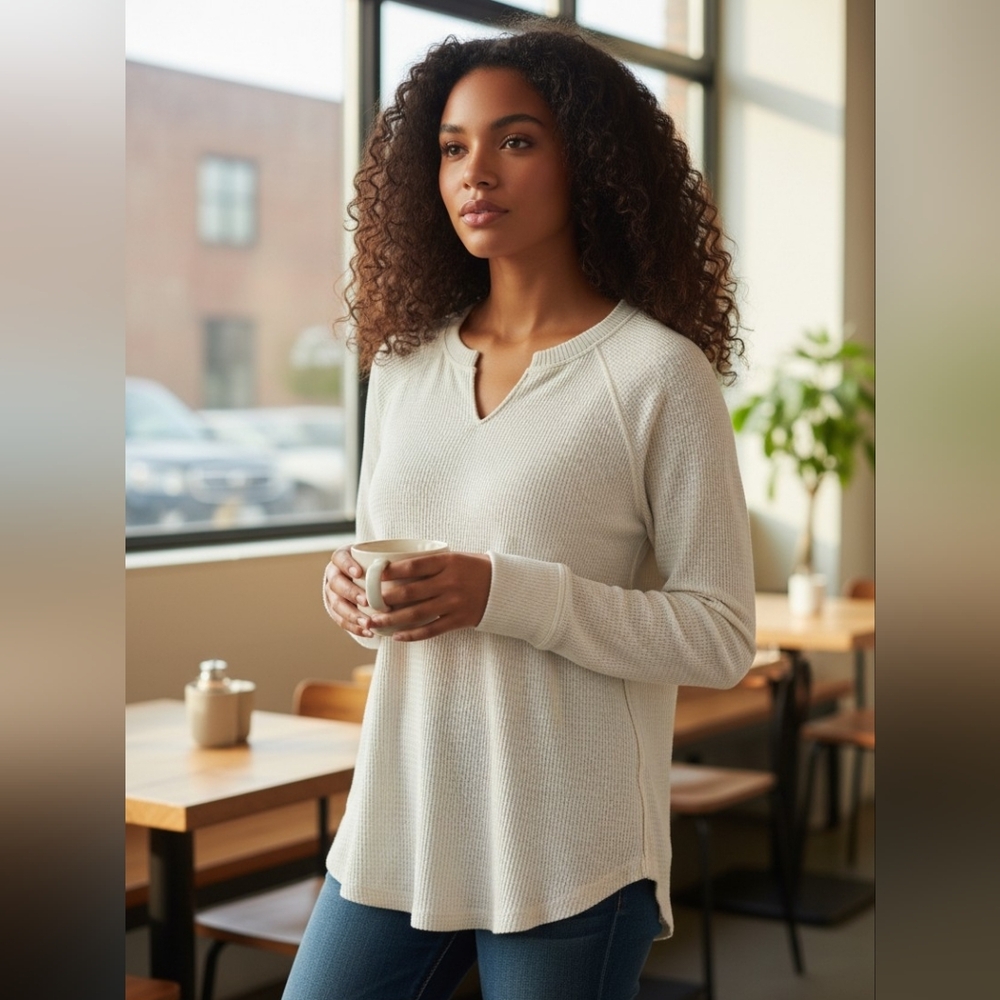 American Eagle Outfitters Cream Long Sleeve Tee, Waffle Size Small